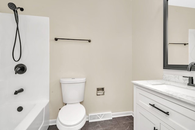 full bathroom with vanity, toilet, and bathing tub / shower combination