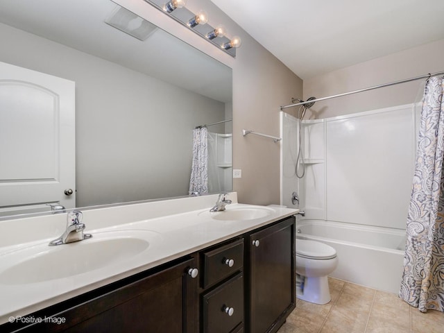 full bathroom with vanity, tile patterned flooring, toilet, and shower / tub combo with curtain