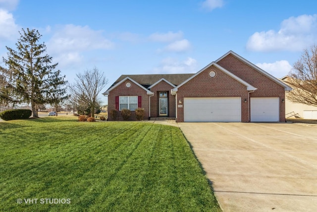 single story home featuring a garage, a front lawn, concrete driveway, and brick siding