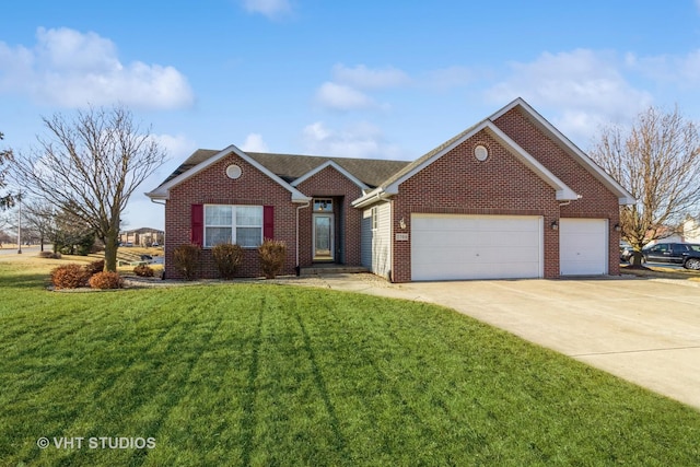 ranch-style house with a garage, driveway, a front lawn, and brick siding