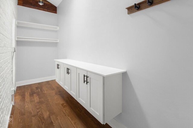 spacious closet with vaulted ceiling and dark wood finished floors