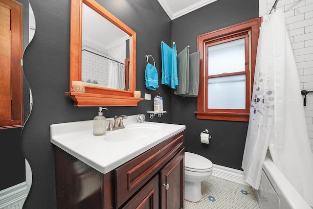 full bathroom featuring ornamental molding, toilet, vanity, and shower / bath combo