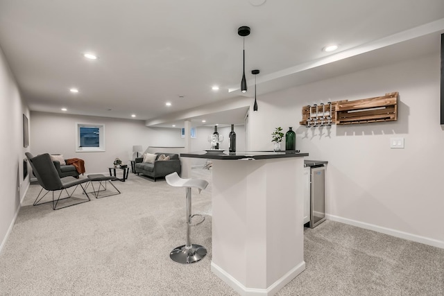 bar featuring light carpet and decorative light fixtures