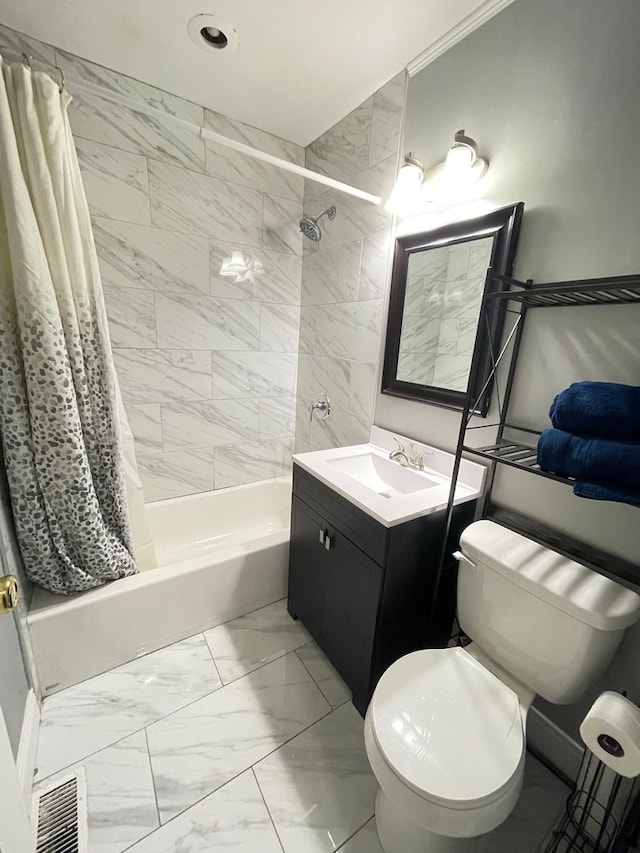 full bathroom featuring vanity, toilet, and shower / bath combo with shower curtain