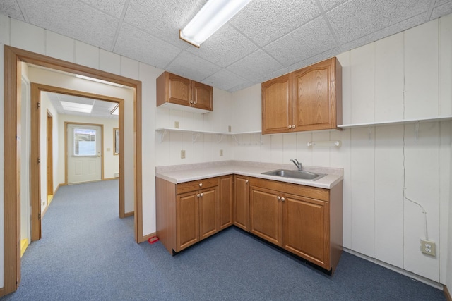 kitchen with sink, a drop ceiling, and dark carpet