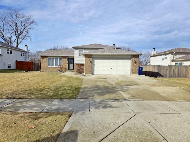 view of front of home featuring brick siding, an attached garage, concrete driveway, and a front lawn