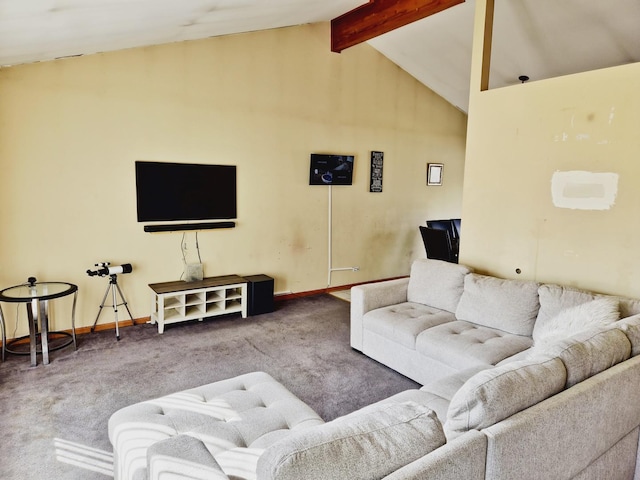 living room featuring lofted ceiling with beams and carpet flooring