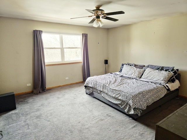 bedroom featuring baseboards, carpet, and ceiling fan