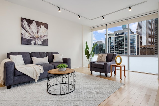 living room featuring expansive windows, track lighting, and light hardwood / wood-style floors