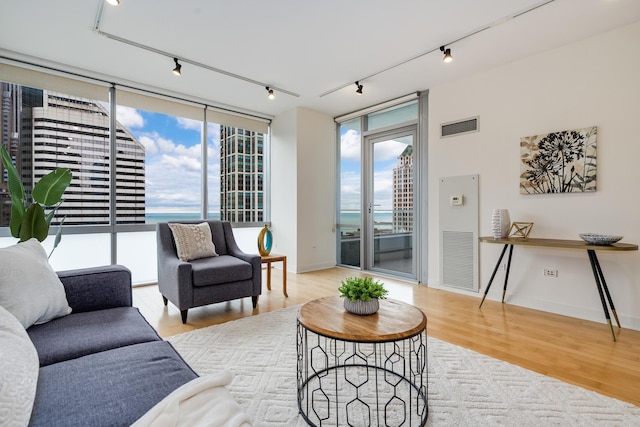 living room with floor to ceiling windows, a water view, hardwood / wood-style floors, and rail lighting