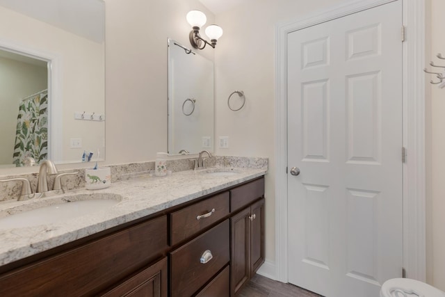 bathroom featuring double vanity, a sink, and wood finished floors