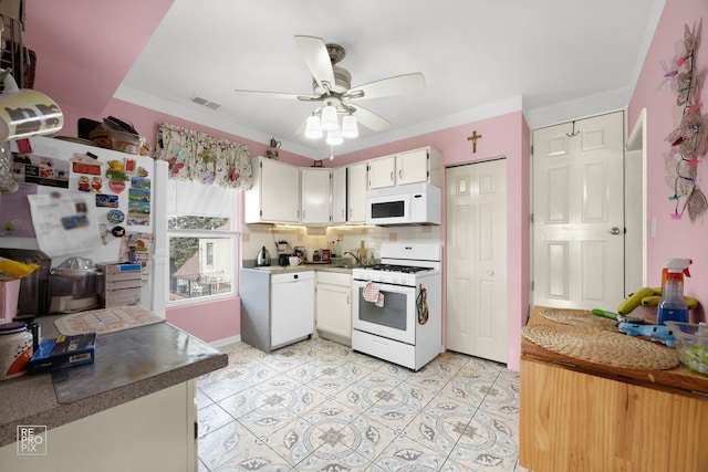 kitchen with sink, white cabinetry, ceiling fan, white appliances, and decorative backsplash