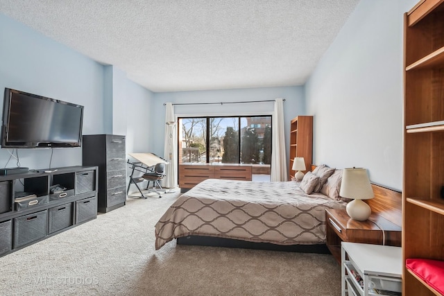 carpeted bedroom with a textured ceiling