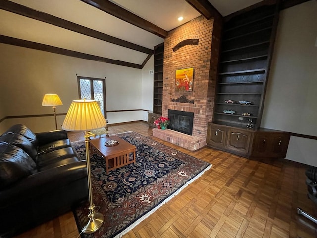 living room with vaulted ceiling with beams, parquet floors, a fireplace, and built in shelves