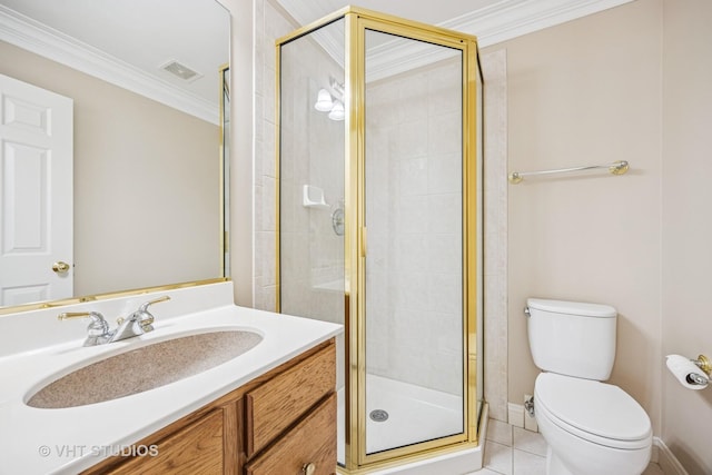 full bath with visible vents, toilet, ornamental molding, a shower stall, and vanity