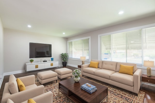 living room with dark wood-type flooring and a healthy amount of sunlight