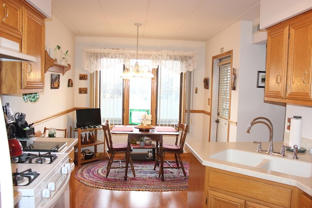 kitchen with sink, hardwood / wood-style flooring, an inviting chandelier, hanging light fixtures, and white gas range