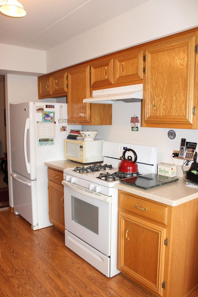 kitchen with white appliances and light hardwood / wood-style flooring