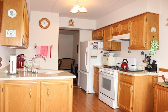 kitchen with sink, hardwood / wood-style floors, white appliances, and kitchen peninsula