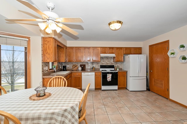 kitchen with sink, white appliances, light tile patterned floors, and backsplash