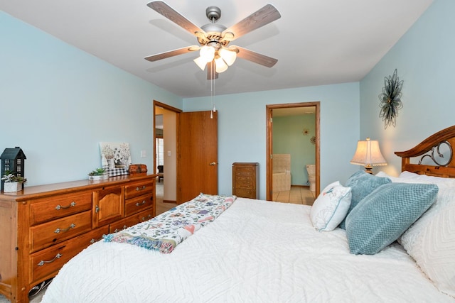 bedroom featuring ceiling fan and connected bathroom