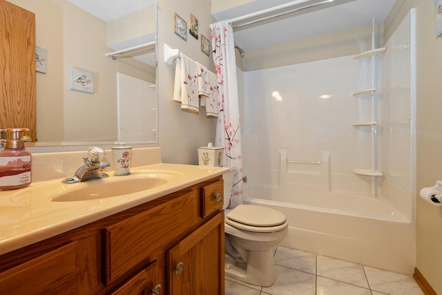 full bathroom with shower / tub combo with curtain, vanity, toilet, and tile patterned flooring