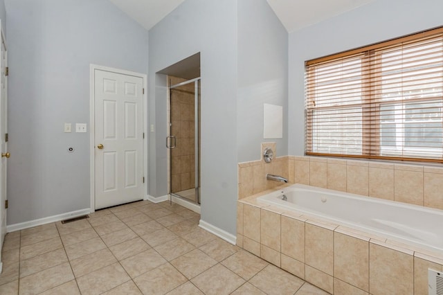 full bath with tile patterned flooring, visible vents, a shower stall, and a bath