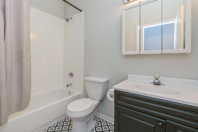 bathroom with vanity, toilet, and shower / bathtub combination with curtain