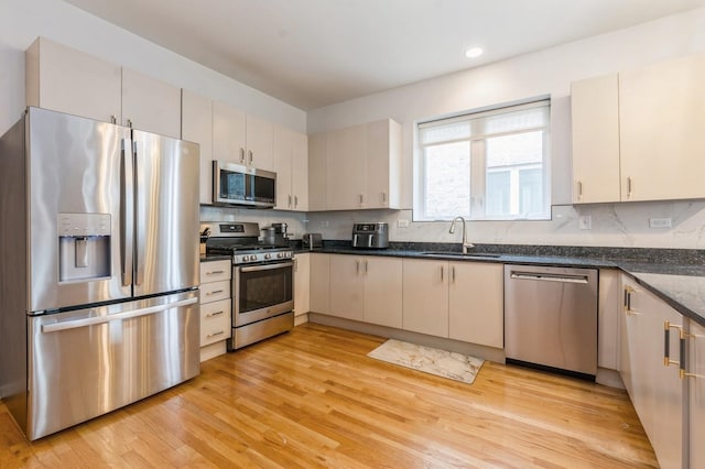 kitchen with backsplash, appliances with stainless steel finishes, a sink, dark stone countertops, and light wood-type flooring