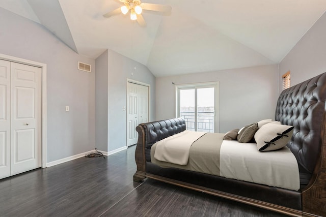 bedroom featuring baseboards, visible vents, lofted ceiling, ceiling fan, and dark wood-type flooring