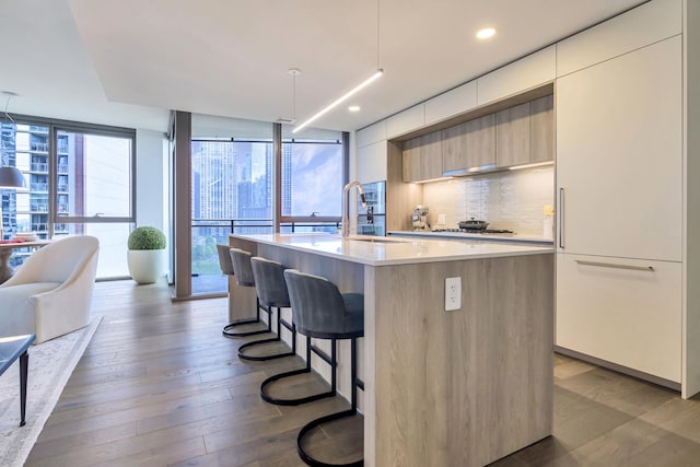 211 N Harbor Dr Unit 1909, Chicago, IL 60601 - kitchen featuring decorative light fixtures, dark hardwood / wood-style flooring, expansive windows, a kitchen island with sink, and backsplash