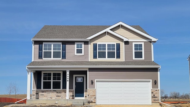 craftsman inspired home featuring stone siding, covered porch, an attached garage, and a shingled roof