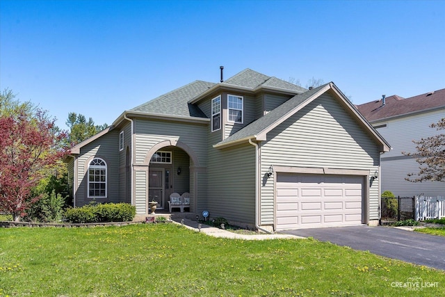 373 Wagonwood Rd, Round Lake, IL 60073 - traditional home with a garage, fence, driveway, a front yard, and roof with shingles