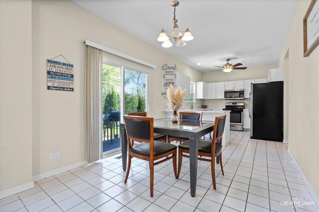 373 Wagonwood Rd, Round Lake, IL 60073 - dining room featuring baseboards, light tile patterned floors, and ceiling fan with notable chandelier