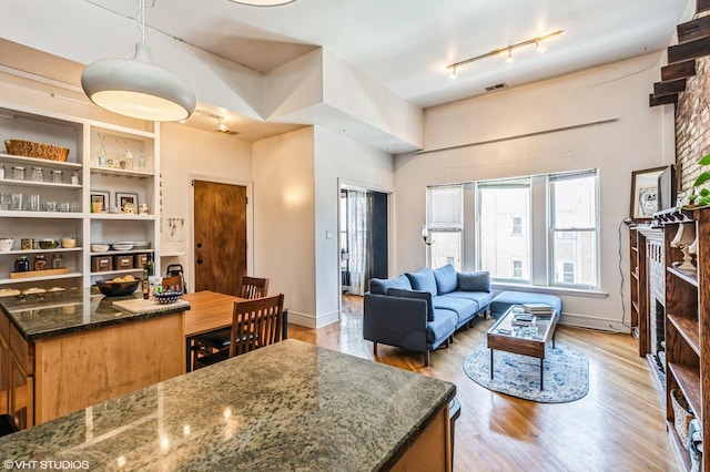 interior space featuring a large fireplace, visible vents, baseboards, light wood finished floors, and track lighting