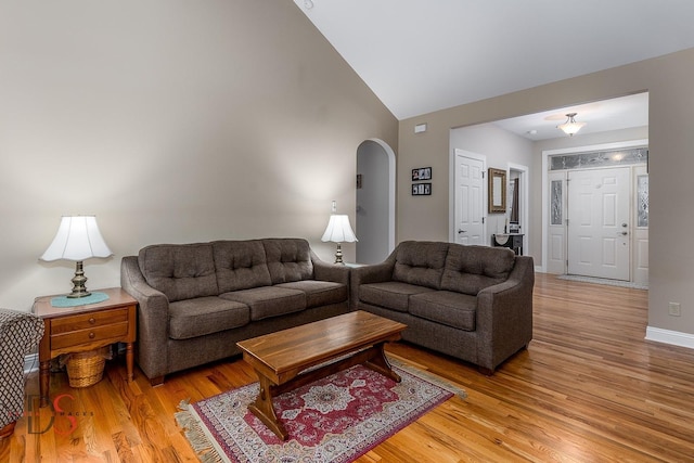 living room with high vaulted ceiling and light hardwood / wood-style flooring