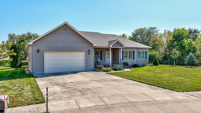 single story home featuring a garage and a front yard