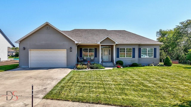 ranch-style home with a garage and a front yard