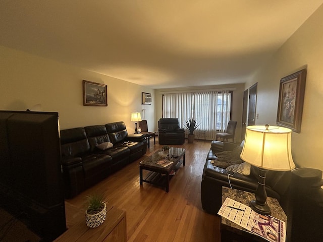 living room with wood-type flooring and a wall unit AC