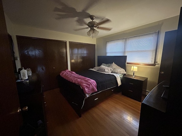 bedroom with two closets, hardwood / wood-style floors, and ceiling fan