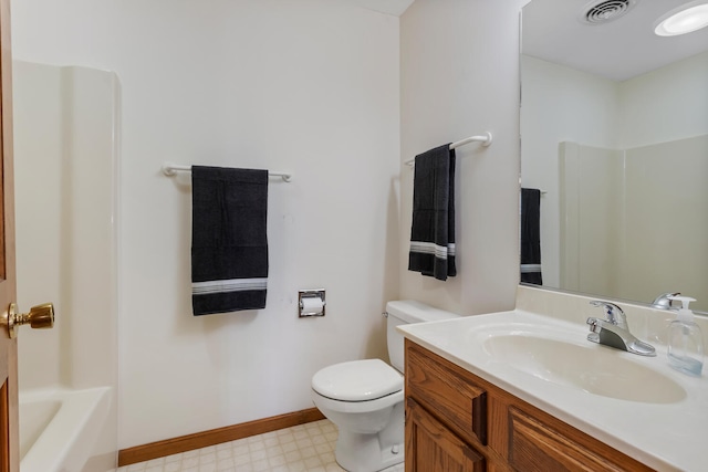 bathroom featuring baseboards, visible vents, toilet, tile patterned floors, and vanity