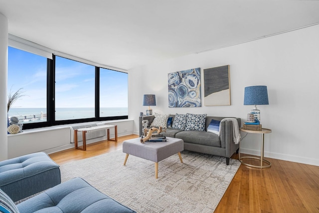 living room featuring a water view and hardwood / wood-style floors