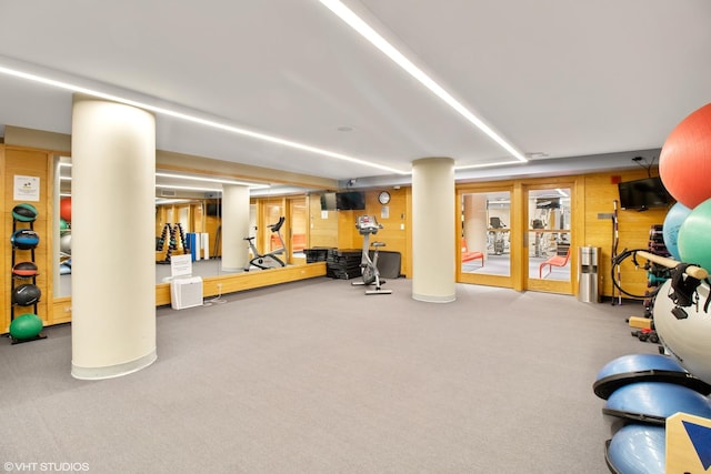 gym with ornate columns