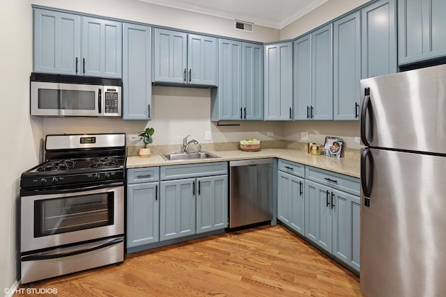 kitchen featuring light wood finished floors, visible vents, crown molding, stainless steel appliances, and a sink