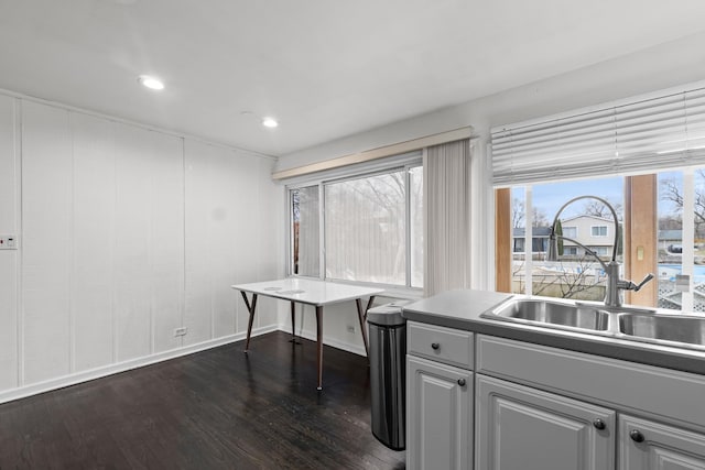 office space with dark hardwood / wood-style floors and sink