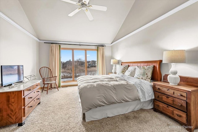 bedroom with lofted ceiling, light colored carpet, and ceiling fan