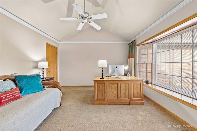 carpeted office space featuring crown molding, lofted ceiling, and ceiling fan