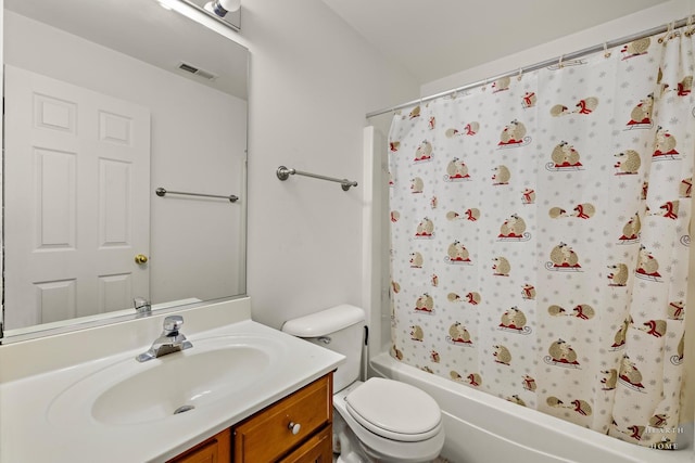 full bath with toilet, visible vents, shower / tub combo with curtain, and vanity