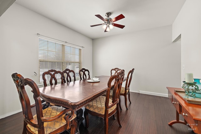 dining area featuring dark wood-style floors, a ceiling fan, and baseboards