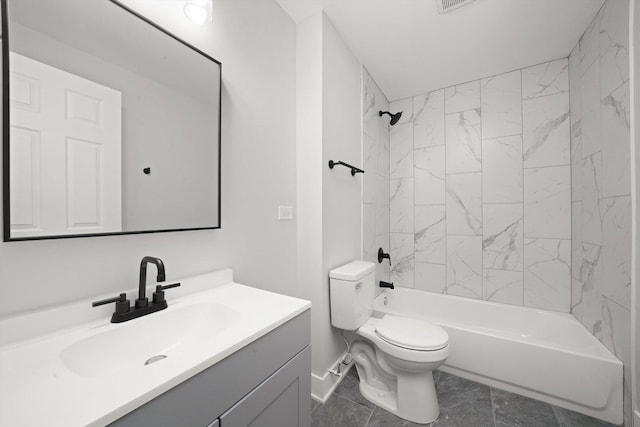 full bathroom with tiled shower / bath combo, vanity, and toilet